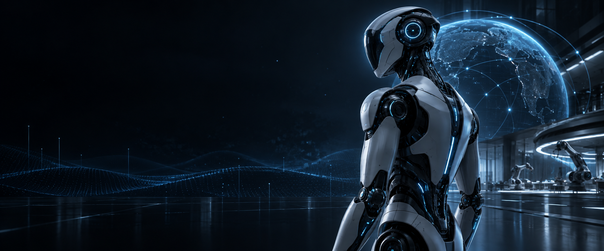 Futuristic humanoid robot in a connected technology environment